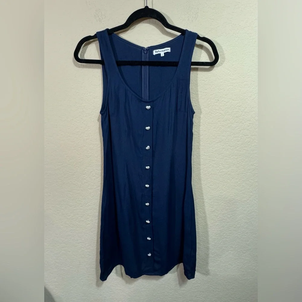 Reformation Women's Navy Lucian Mini Dress Size 2 Heart Button Preppy Party 90's - Picture 1 of 13